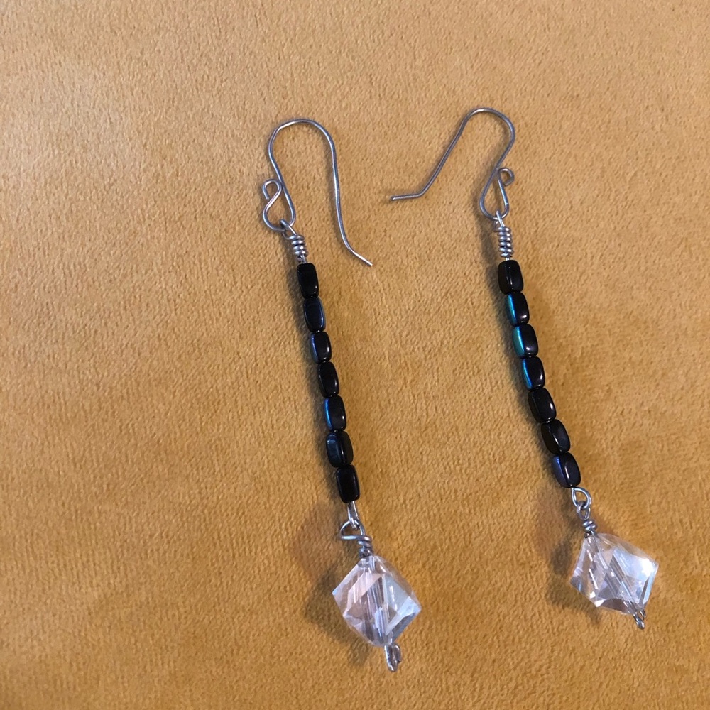 Silver Dangle Earrings Black Blue Rectangle Beads Large Faceted Clear Cube Beads